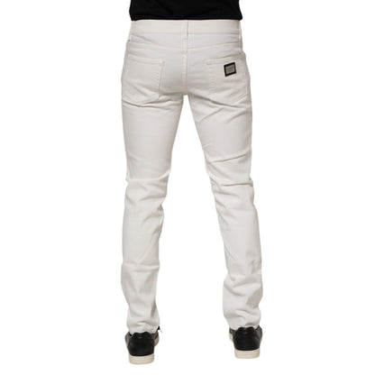 Dolce & Gabbana White Cotton Logo Plaque Slim Fit Denim Jeans