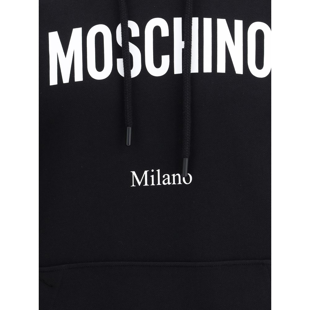 Moschino Black Cotton Sweatshirt with monogram print, drawstring hood, and pouch pocket, showcasing a modern and stylish design.