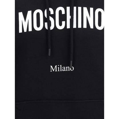Moschino Black Cotton Sweatshirt with monogram print, drawstring hood, and pouch pocket, showcasing a modern and stylish design.