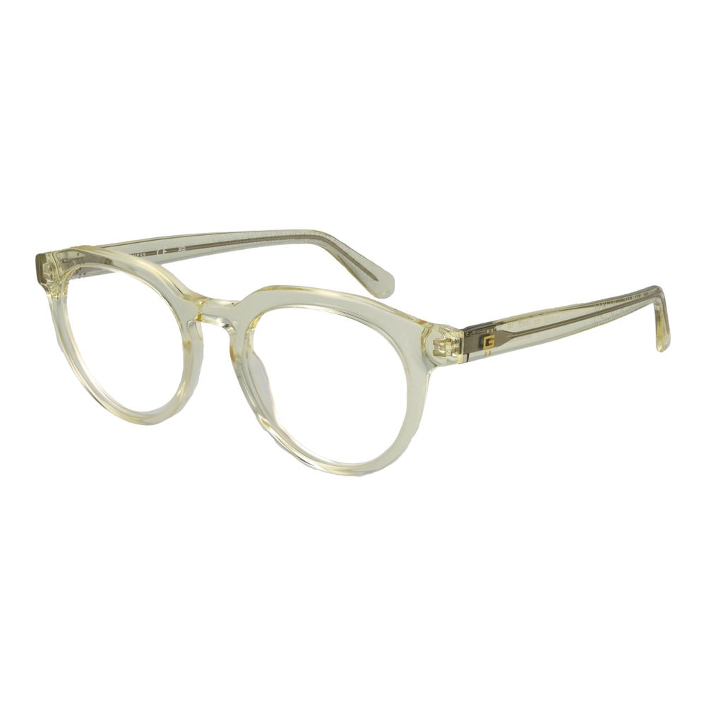 Alt Tag: Guess Yellow Men Glasses Frame, acetate full-rim with demo lenses and spring hinge, size 49-20-145, includes branded case.