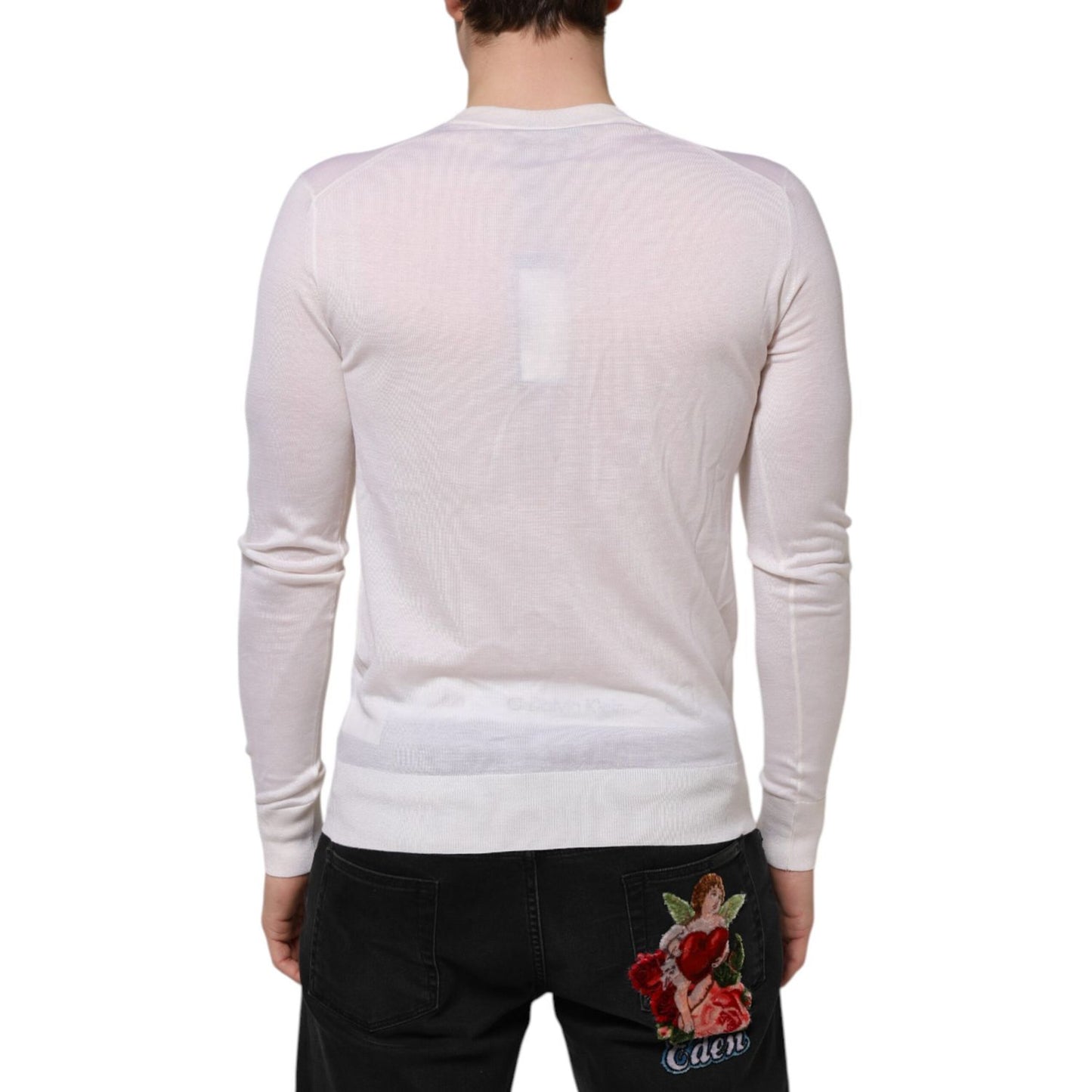Dolce & Gabbana White Cashmere Logo V-neck Pullover Sweater