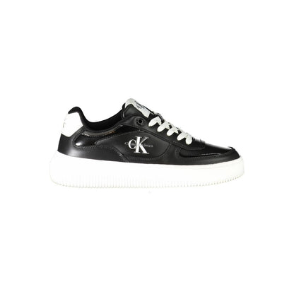 Calvin Klein Black Polyester Sneaker with logo, recycled thermoplastic rubber sole, sports shoe design, and contrast details.