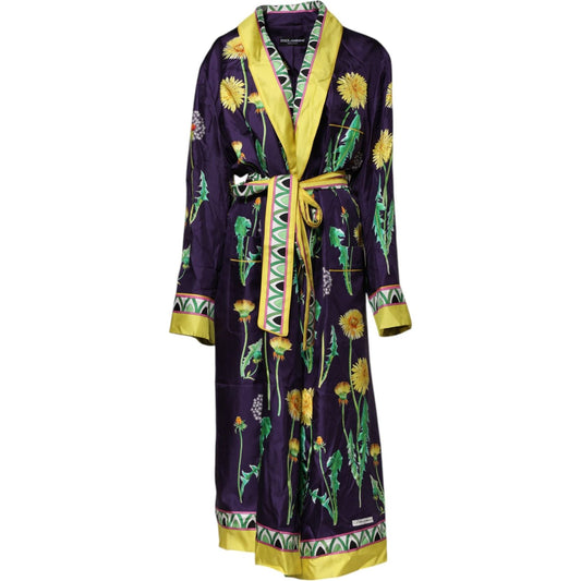 Dolce & Gabbana Blue Floral Print Silk Long Sleeves Wrap Robe