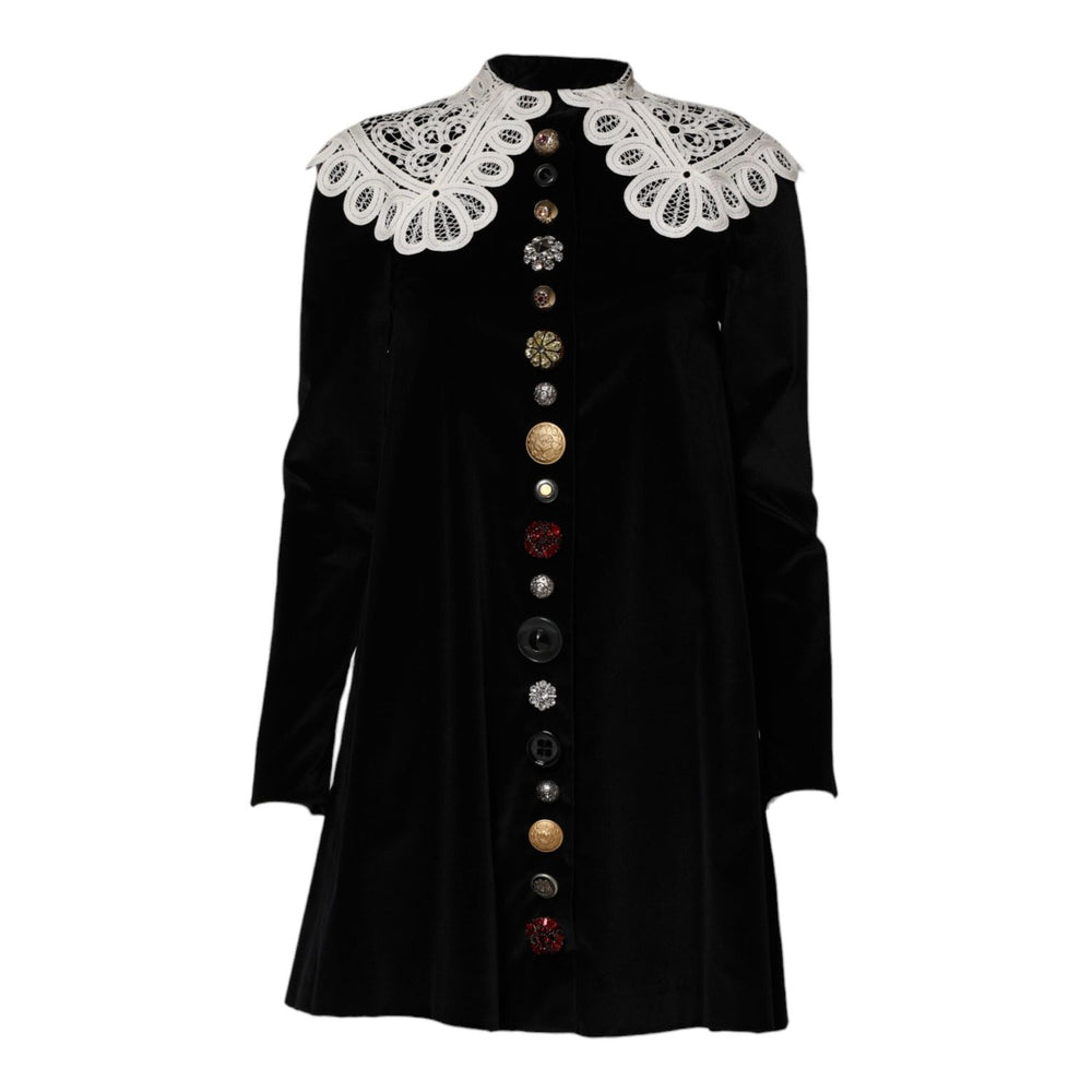 Dolce & Gabbana Black Velvet Lace Collared Embellished Dress