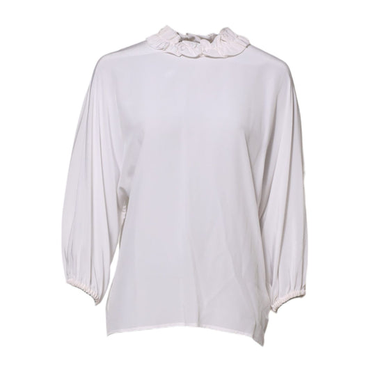 Dolce & Gabbana White Ruffled Neckline Blouse Pullover Top