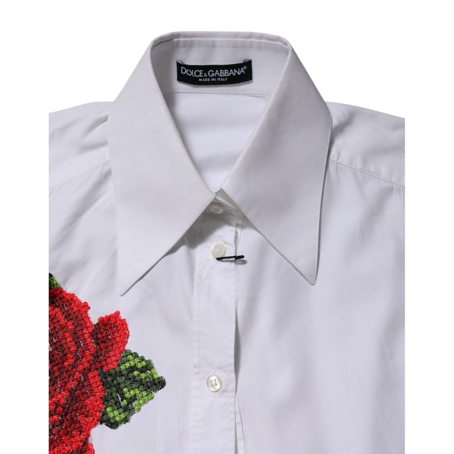Dolce & Gabbana White Rose Embroidery Collared Shirt Top