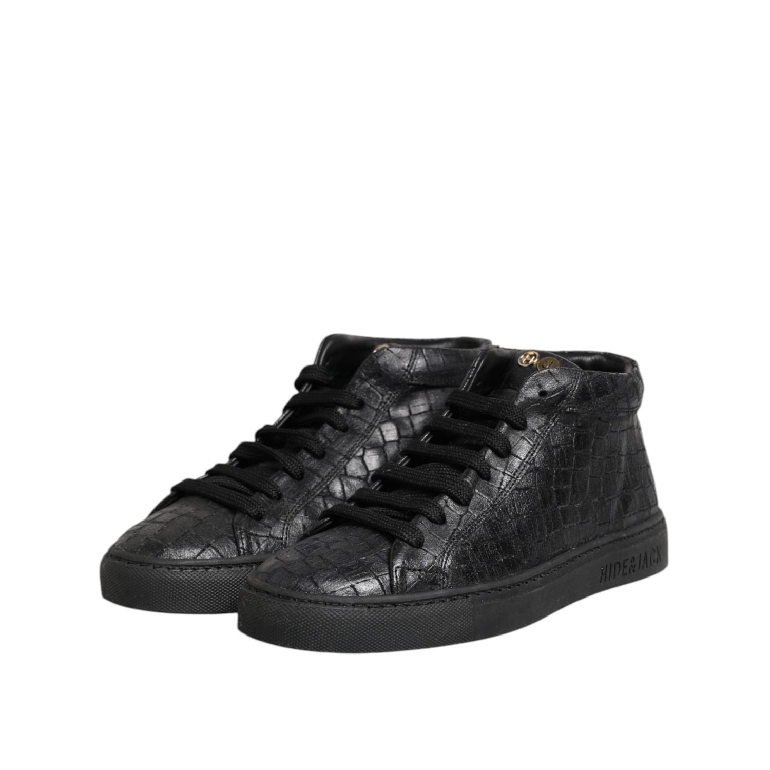 HIDE & JACK Black Leather Lace Up Mid Top Sneakers Shoes