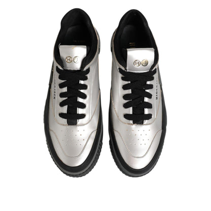 HIDE & JACK Silver Leather Lace Up Low Top Sneakers Shoes