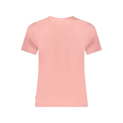 Back view of Guess Jeans Pink Cotton Women T-Shirt showcasing crew neck and short sleeves.