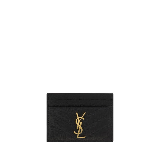 Saint Laurent Black Calf Leather Bos Taurus Cardholder with YSL logo, quilted design, and card slots.