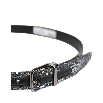 Dolce & Gabbana Black Sequins Silver Metal Logo Buckle Belt