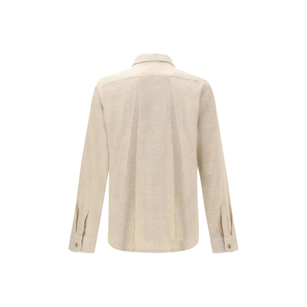 Rear view of Rick Owens Cream Cotton Shirt with classic collar and buttoned cuffs, showing minimalist and utilitarian design details.