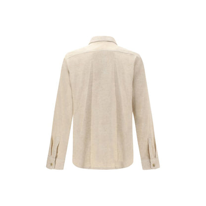Rear view of Rick Owens Cream Cotton Shirt with classic collar and buttoned cuffs, showing minimalist and utilitarian design details.