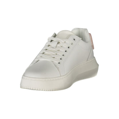 Calvin Klein White Leather Women Sneaker with bold pink details and removable footbed; perfect for fashion-forward athletic comfort.