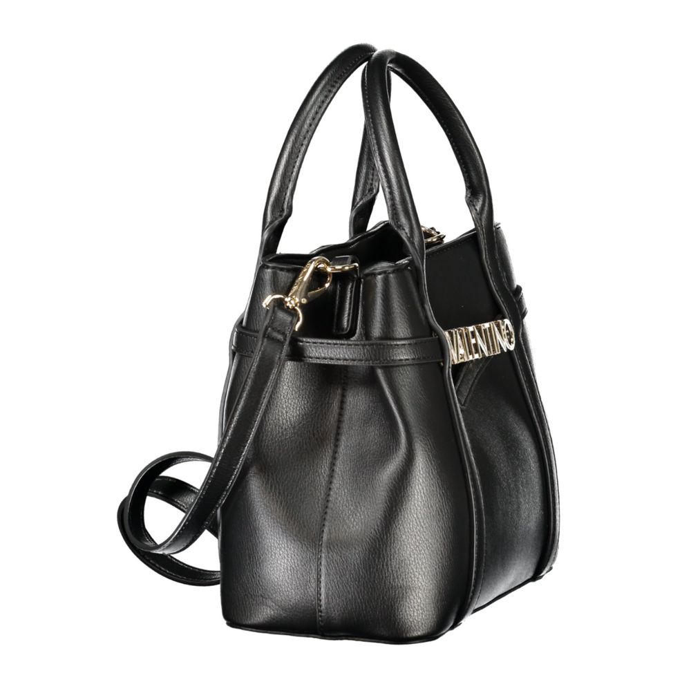 Mario Valentino Black Polyethylene Women Handbag with twin handles and adjustable strap, side view showing elegant design and branding.