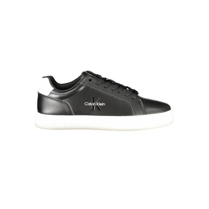 Calvin Klein Black Leather Men Sneaker featuring sleek design with white details and removable insole for customizable comfort.