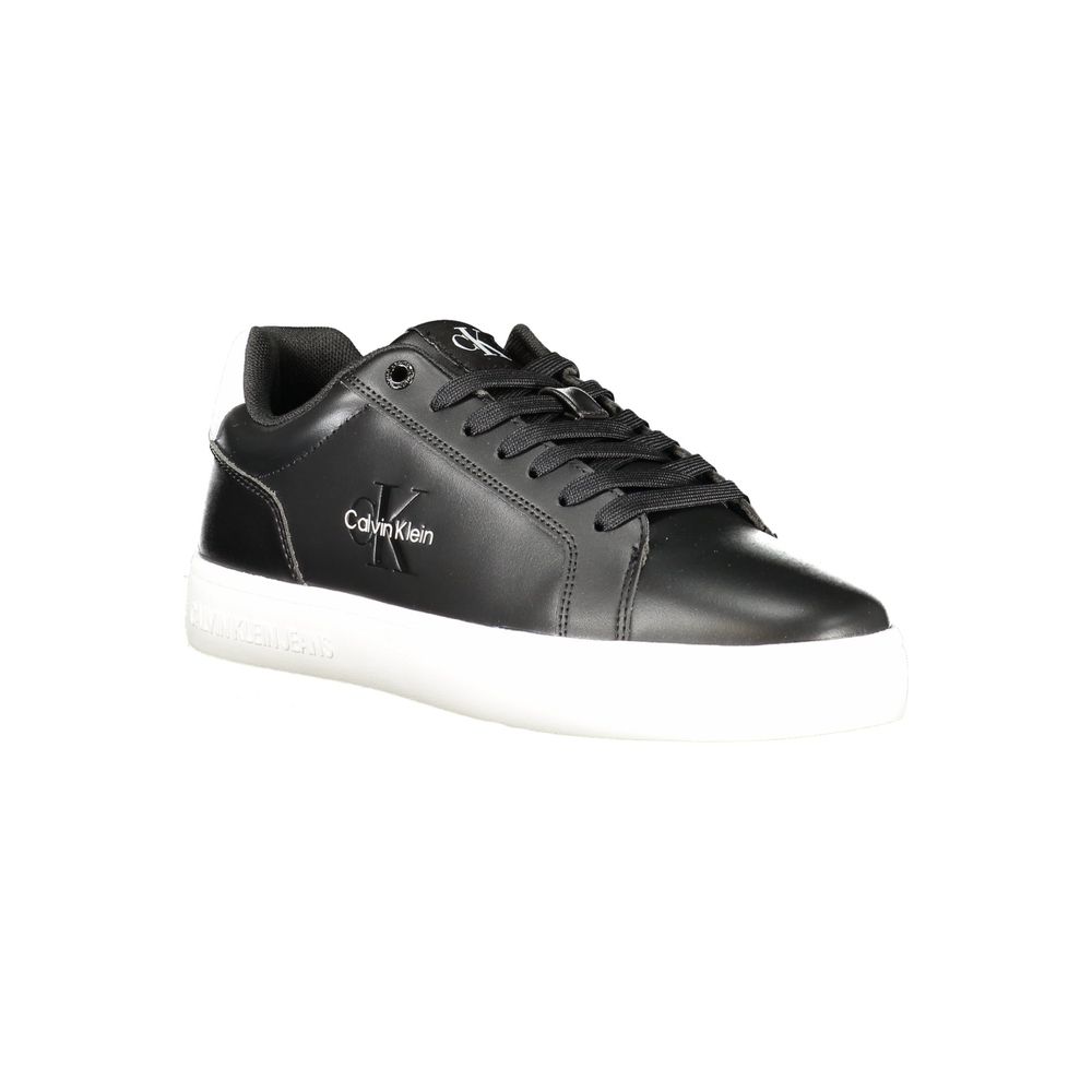 Calvin Klein Black Leather Men Sneaker with sleek design and contrasting white sole, featuring removable insole and iconic logo.