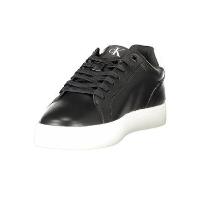 Calvin Klein Black Leather Men Sneaker with white sole, showcasing a sleek design and iconic logo for a stylish look.
