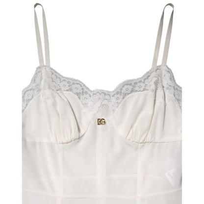 Dolce & Gabbana White Lace DG Logo Silk Dress Sleepwear