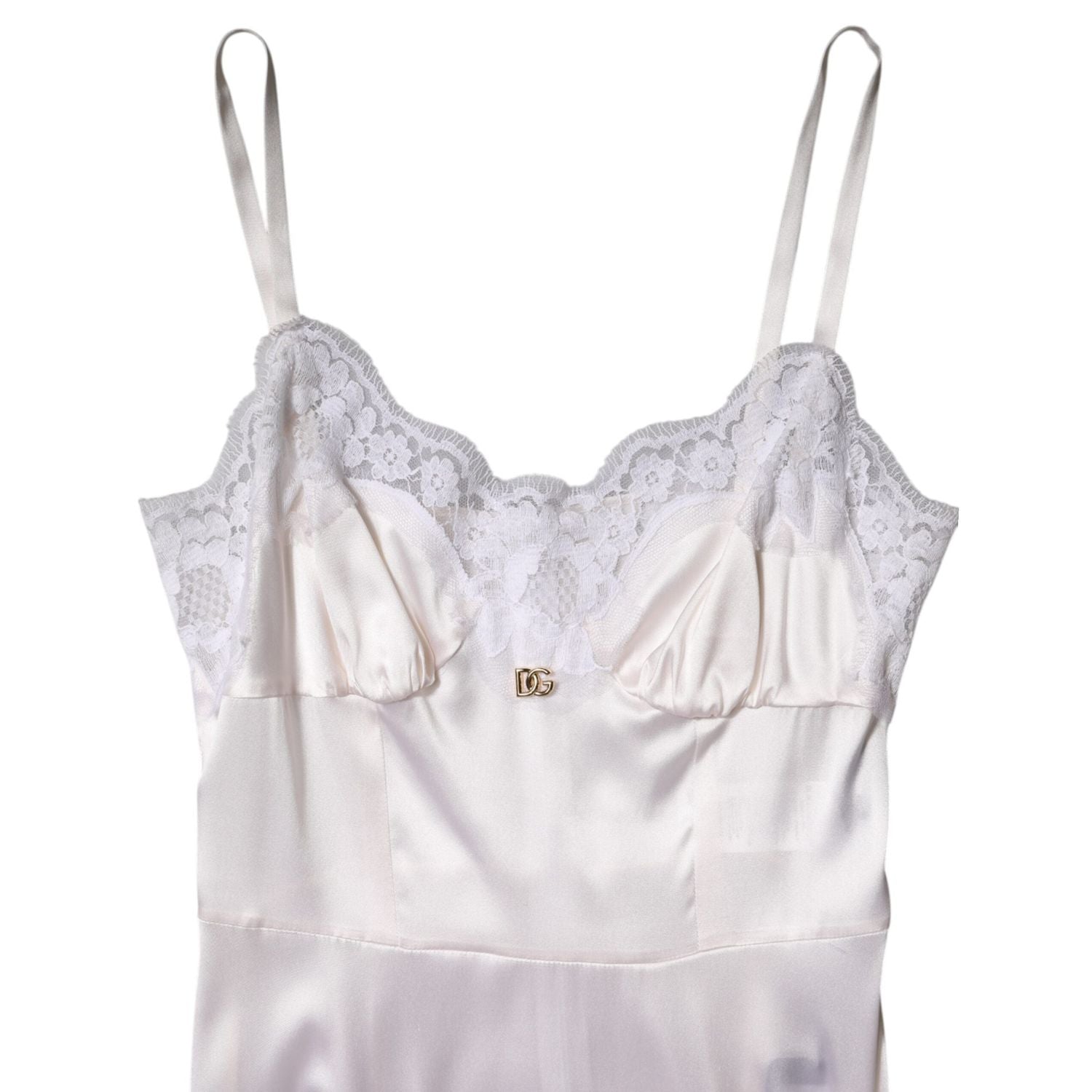 Dolce & Gabbana White Lace Gold DG Logo Silk Dress Sleepwear