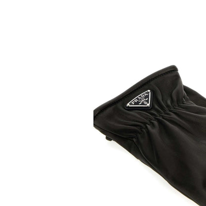 Prada Black Lamb Leather Gloves for men with cashmere lining, enamel logo, and elasticated wrist, made in Italy.