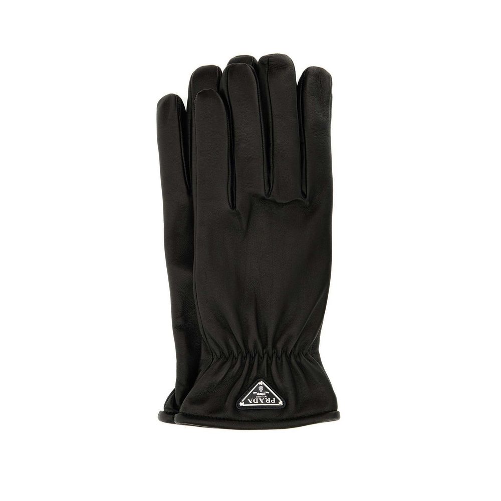 Prada Black Lamb Leather Gloves for men with cashmere lining, enamel triangle logo, and elasticated wrist, made in Italy.