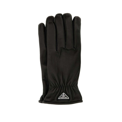 Prada Black Lamb Leather Gloves for men with cashmere lining, enamel triangle logo, and elasticated wrist, made in Italy.
