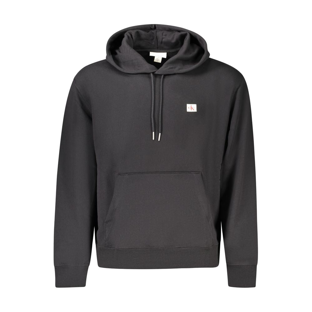 Calvin Klein Black Cotton Men Sweater featuring a hood, central pocket, and bold logo for a stylish and comfortable look.