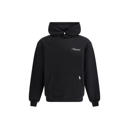 Represent Black Cotton Sweatshirt with ribbed cuffs, kangaroo pocket, and brand monogram on front.