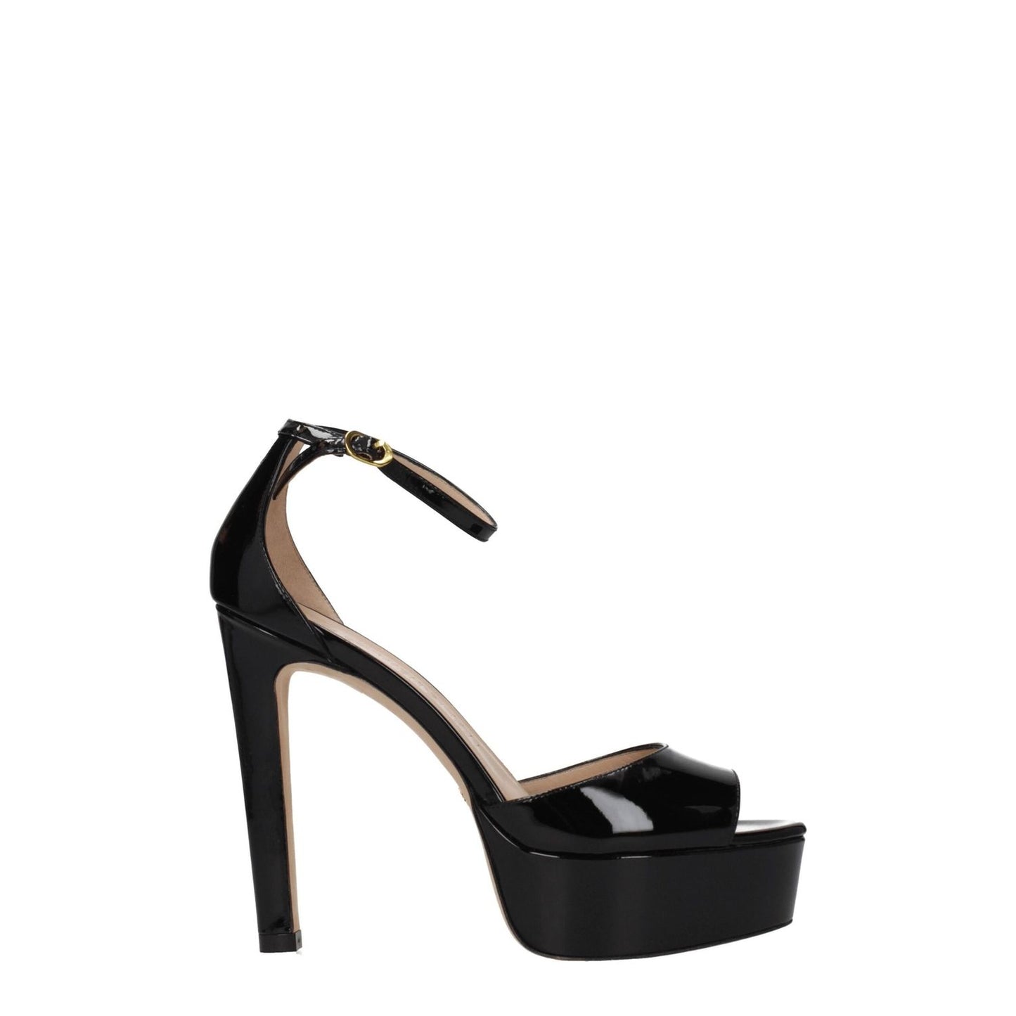 Stuart Weitzman Black Leather Platform Sandals with buckle closure, open toe and high heel, style DISCOPLATFORMPATSA580BLK.