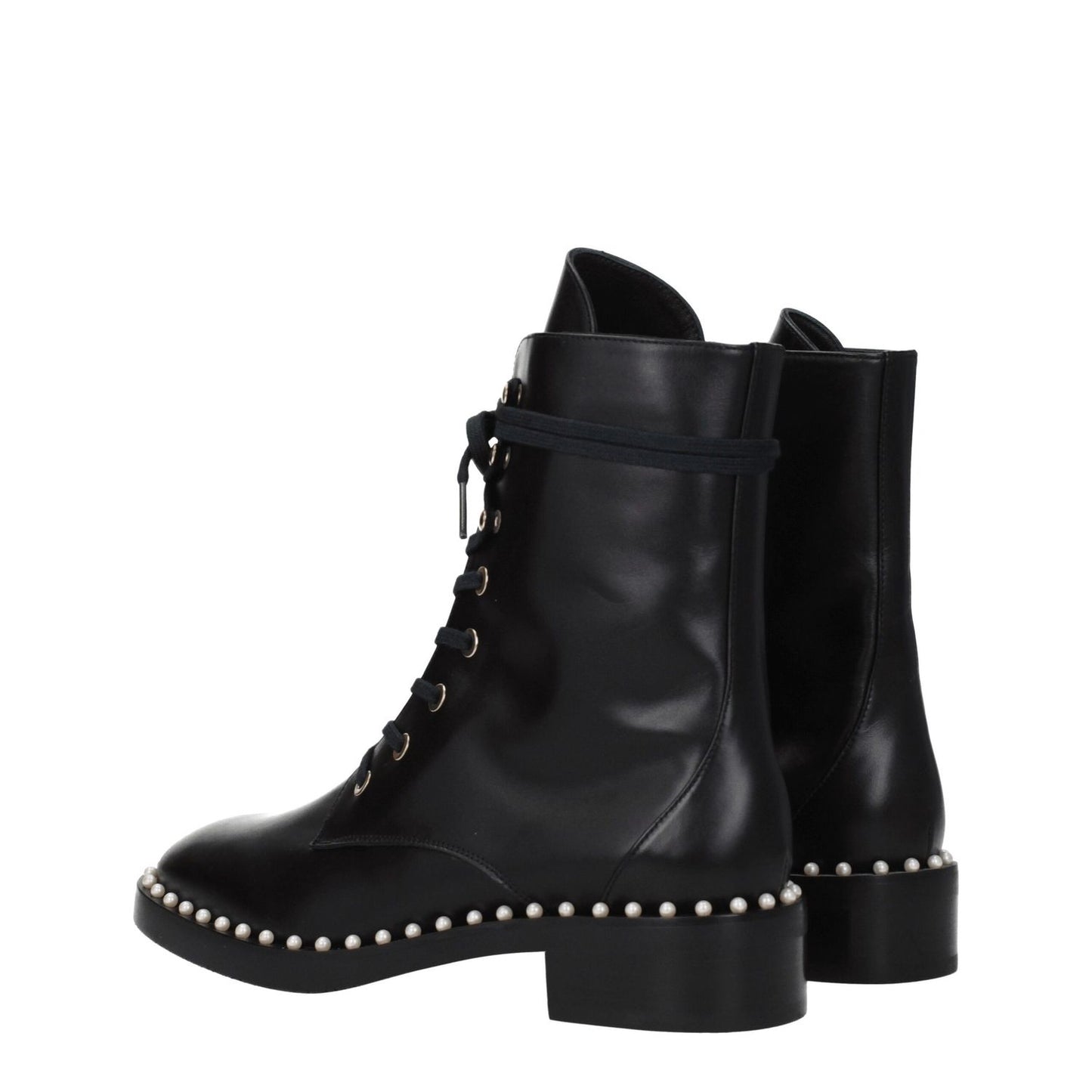 Stuart Weitzman Black Leather Ankle Boots with beaded detail, lace-up closure, 3.5 cm mid heels, punk rock style, rubber sole.