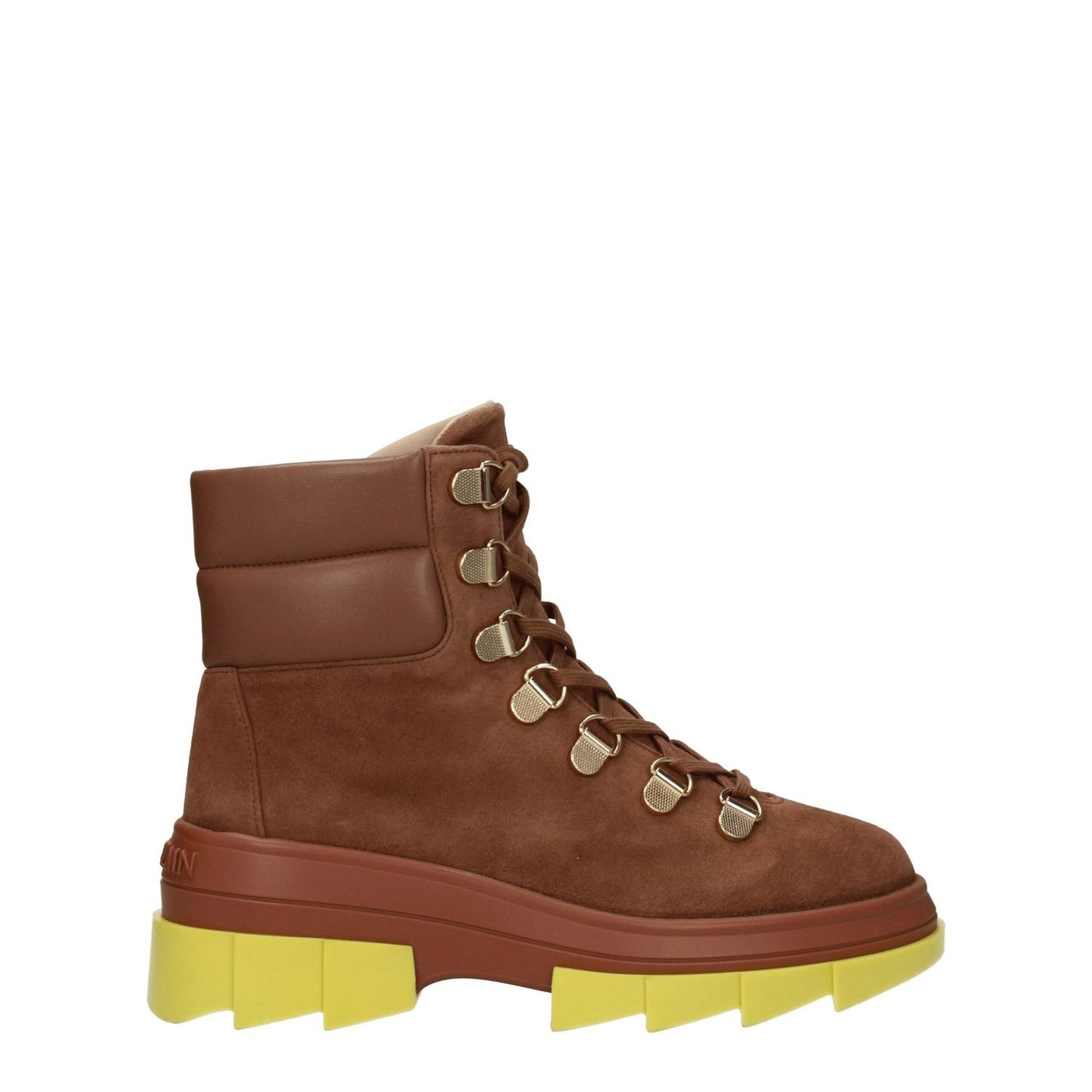 Stuart Weitzman Brown Leather Ankle Boots with yellow rubber sole and lace-up closure showcasing sporty glam style.