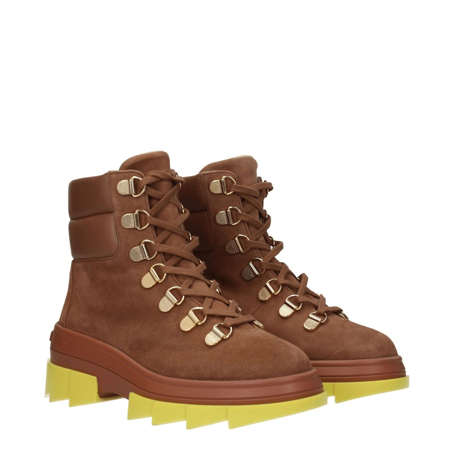 Stuart Weitzman Brown Leather Ankle Boots with lace-up closure and sporty glam style in suede with yellow rubber sole.