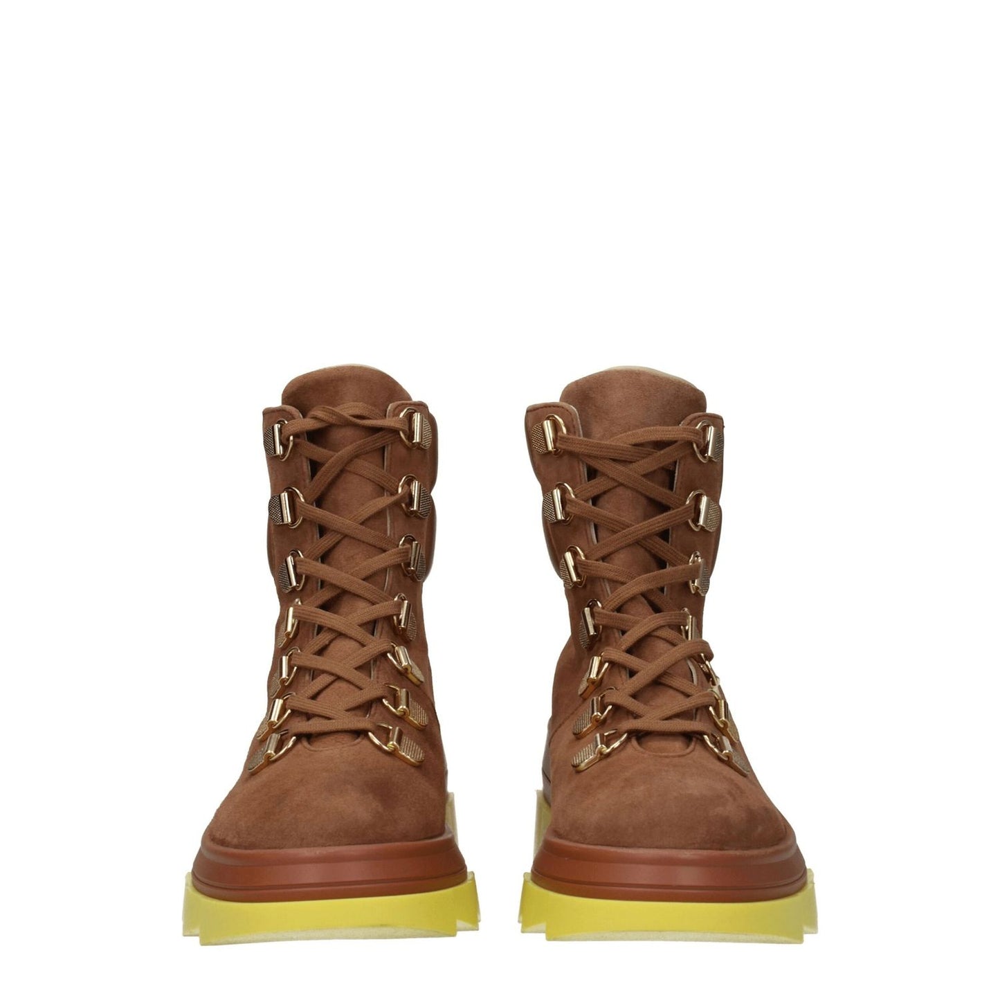 Stuart Weitzman Brown Leather Ankle Boots with sporty glam style, lace-up closure, and mid heels.