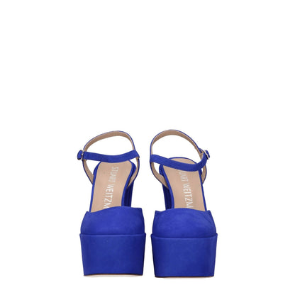 Stuart Weitzman Blue Leather Platform Sandals with buckle closure and high heel, featuring suede material and leather sole.