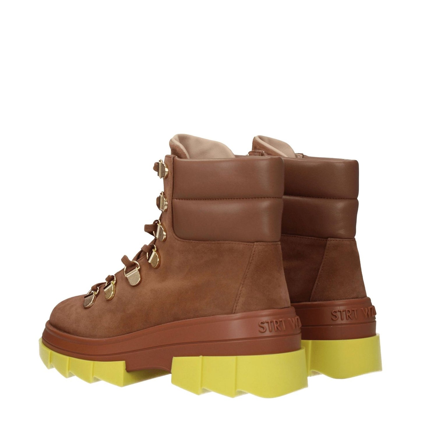 Stuart Weitzman Brown Leather Ankle Boots with sporty glam style, gold details, lace-up closure, rubber sole, and mid heels.