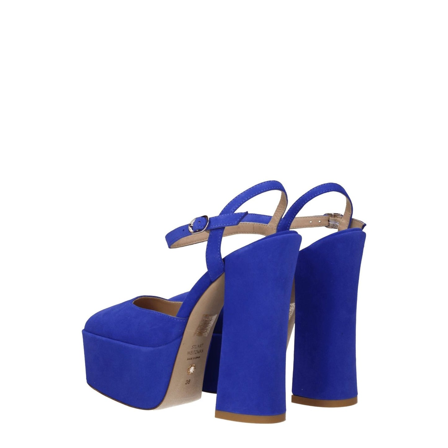 Stuart Weitzman Blue Leather Platform Sandals with high heel and buckle closure, featuring round toe and gold details.