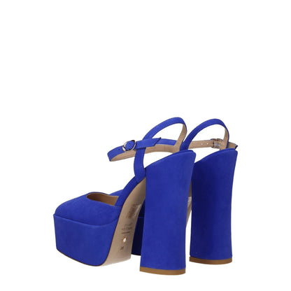Stuart Weitzman Blue Leather Platform Sandals with high heel and buckle closure, featuring round toe and gold details.