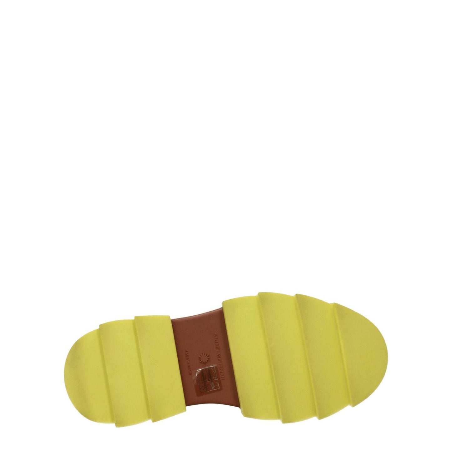 Yellow rubber sole of Stuart Weitzman Brown Leather Ankle Boots, showcasing sporty glam design with round toe and mid heels.