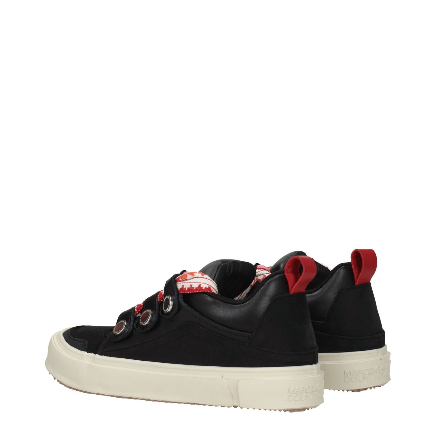 Marcelo Burlon Black Leather Low Top Sneakers with red accents, rubber sole, and lace-up closure, showcasing side and back logos.