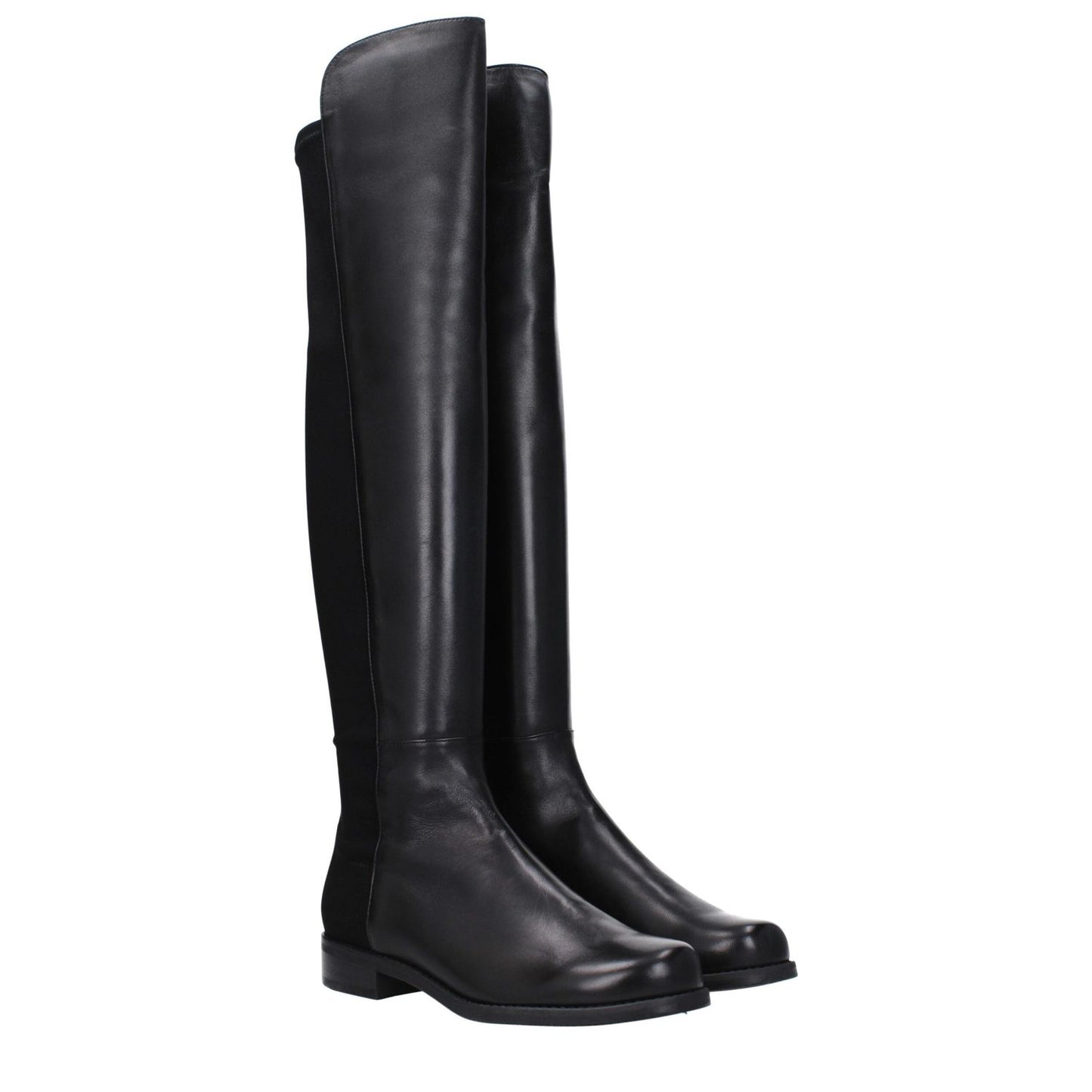 Stuart Weitzman Black Leather Over The Knee boots with vintage effect, round toe, low flat heel, rubber sole, casual style.