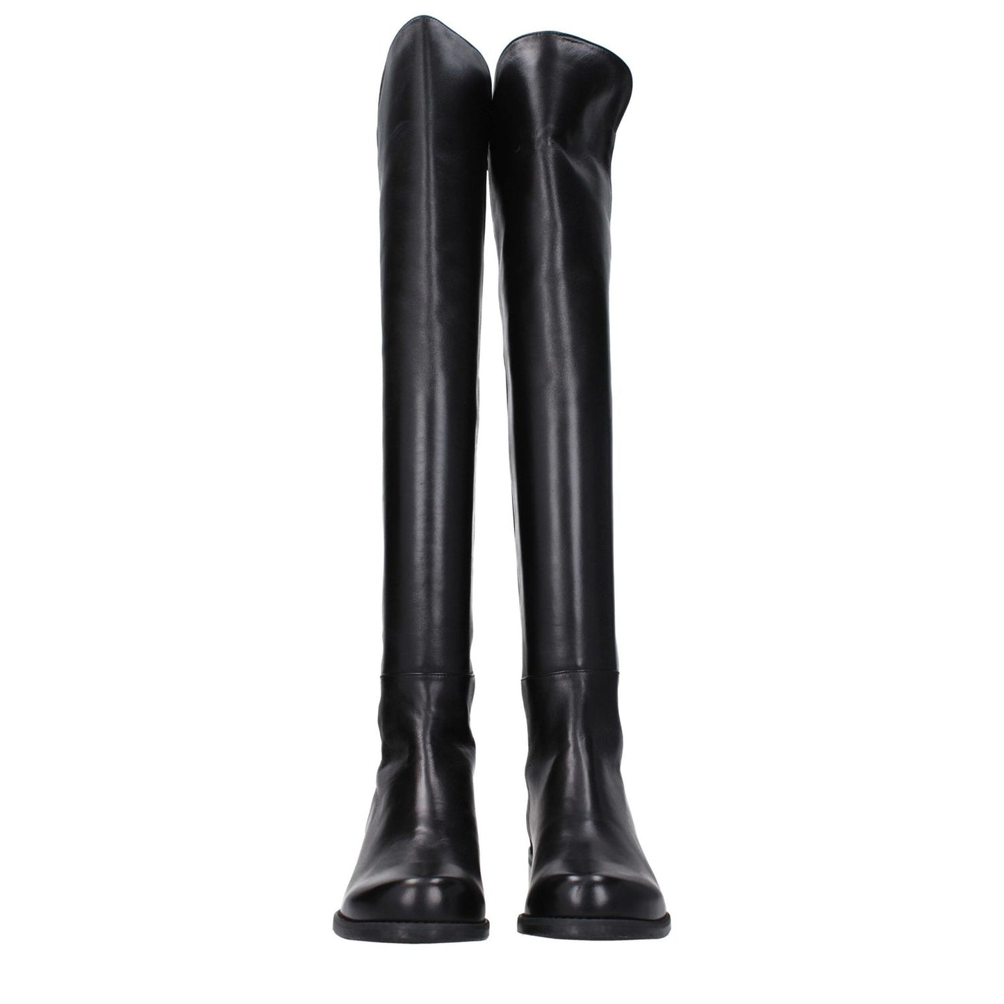 Stuart Weitzman Black Leather Over The Knee boots with vintage effect, featuring a round toe and flat heel, crafted from fine leather.