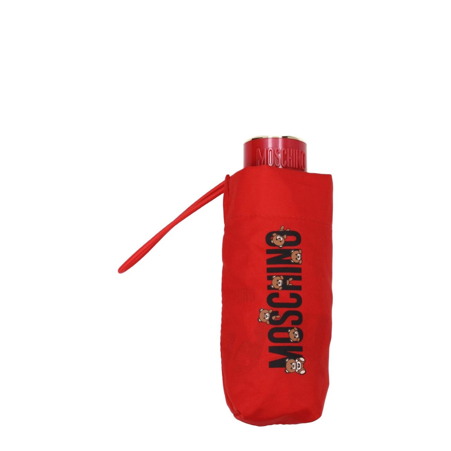 Moschino Red Polyester Umbrella with logo detail and snap closure, featuring bright red color and casual style.