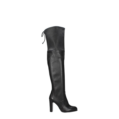 Stuart Weitzman Black Leather Over The Knee boots with aged vintage effect, drawstring closure, high heel, round toe, rubber sole.