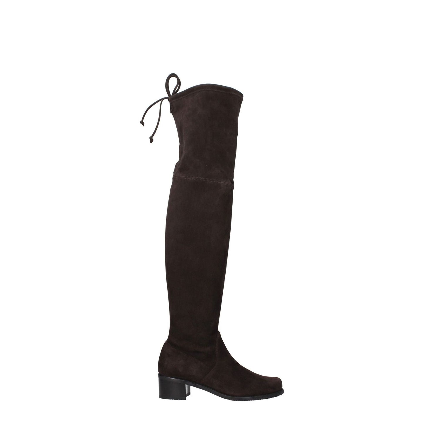 Stuart Weitzman Brown Leather Over The Knee boots in suede with vintage and aged effect, round toe, and mid heels, side view.