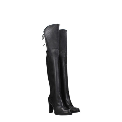 Stuart Weitzman Black Leather Over The Knee boots with drawstring closure and high heel, featuring a vintage and aged effect design.