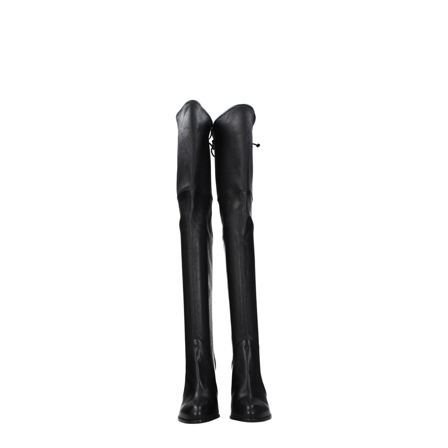Stuart Weitzman Black Leather Over The Knee boots with round toe, high heel, and drawstring closure, featuring aged leather effect.