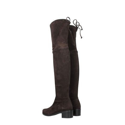 Stuart Weitzman Brown Leather Over The Knee boots with aged suede effect, round toe, mid heels, and rubber sole.