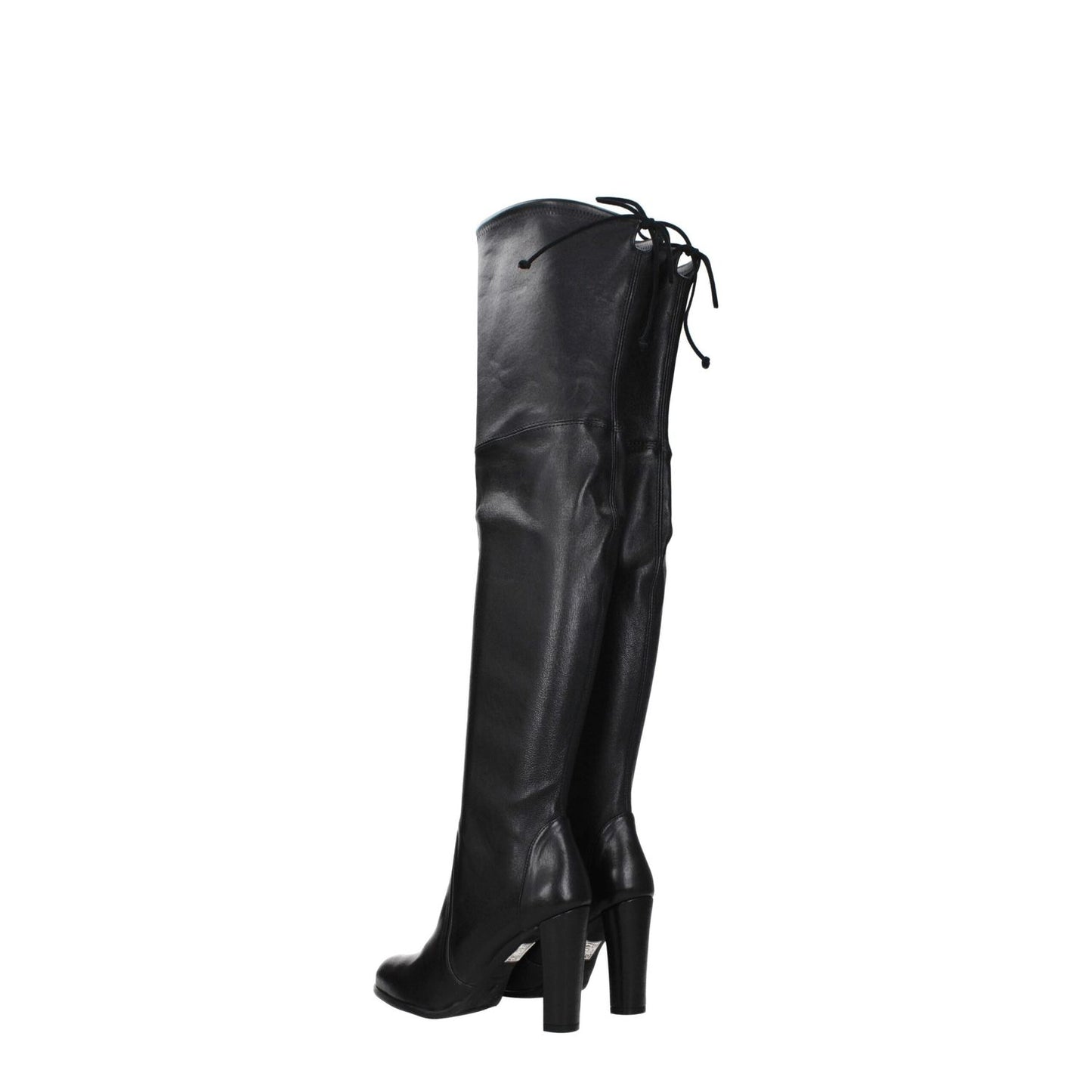 Stuart Weitzman Black Leather Over The Knee Boots with drawstring closure, round toe, high heel, vintage effect.