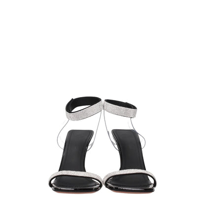 Amina Muaddi Black Crystals Stiletto Heel Sandals with rhinestones, suede material, and strap closure, featuring a 9.5 cm high heel.